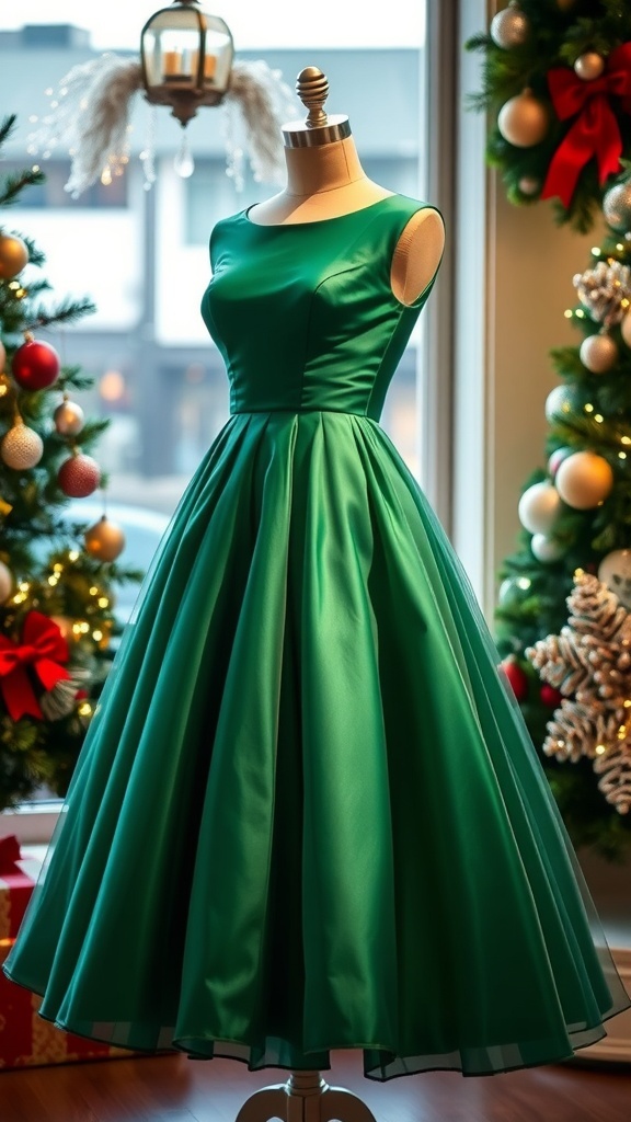 Elegant green Christmas dress on a mannequin with festive decorations.